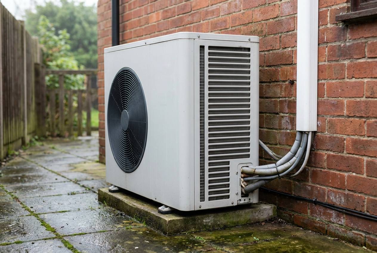 A grey outdoor heat pump unit on a concrete pad beside a red-brick house wall, with insulated pipes running into the brickwork and a wet paved side passage.